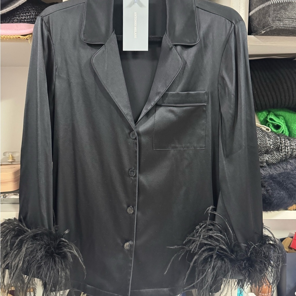 Antonio Melani Black Satin Pajama Set Feather Trim Top & Pants Size S/M Chic - Picture 4 of 4